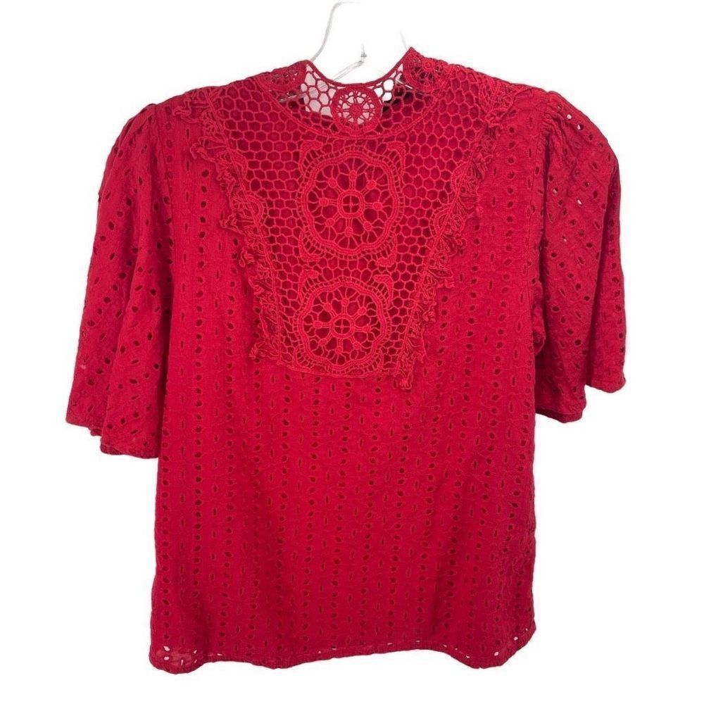Shein Womens Blouse Top Eyelet Embroidered 100% Cotton Short Sleeve Red Small